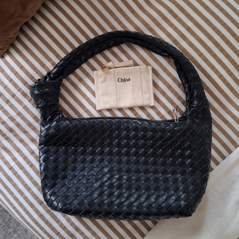 Black Woven Faux Leather Shoulder Bag & Chloe Coin/Card Pouch Set - Picture 3 of 12